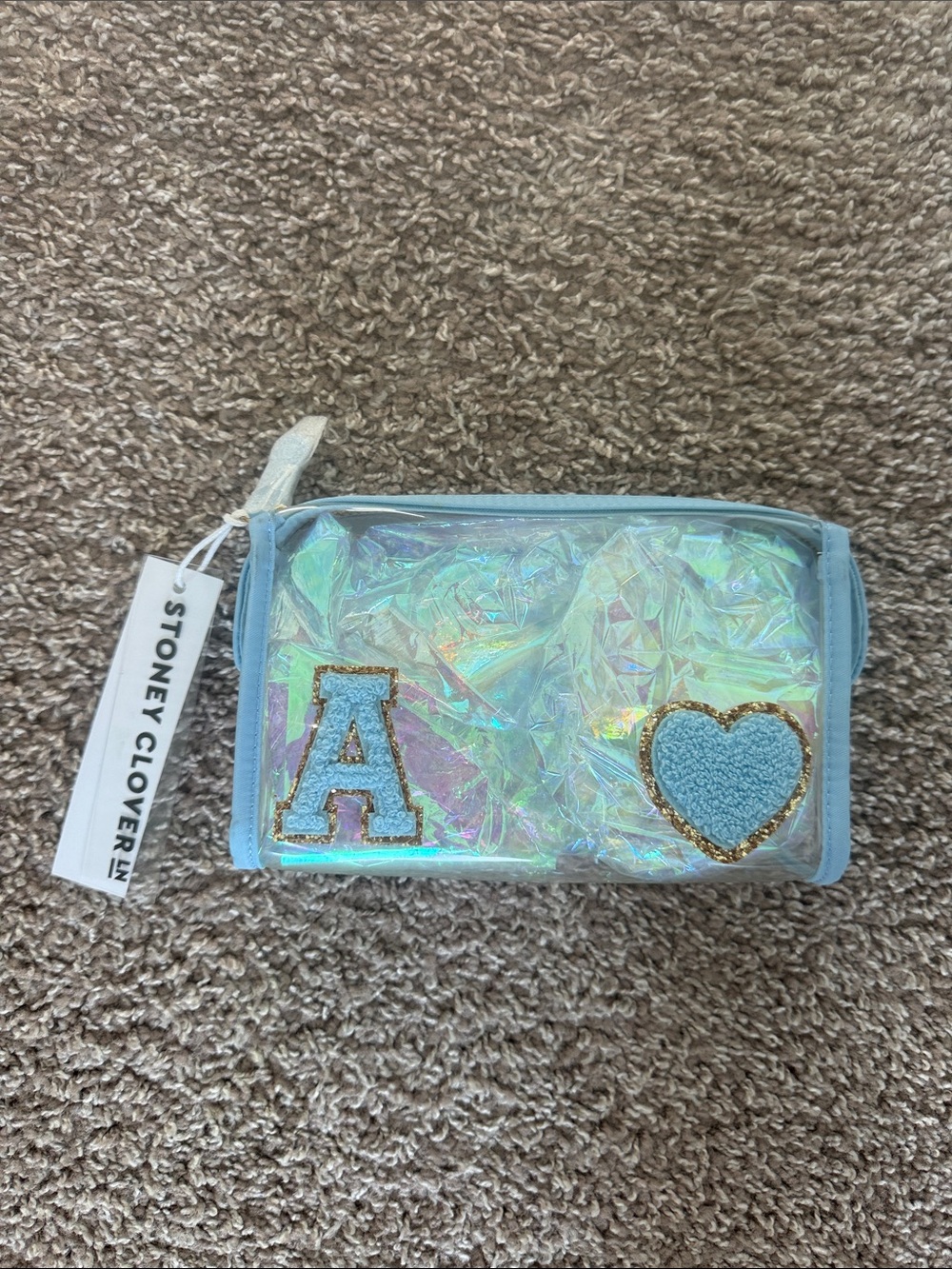 NWT Stoney Clover Lane Clear Travel Pouch with Light Blue Trim and Patches